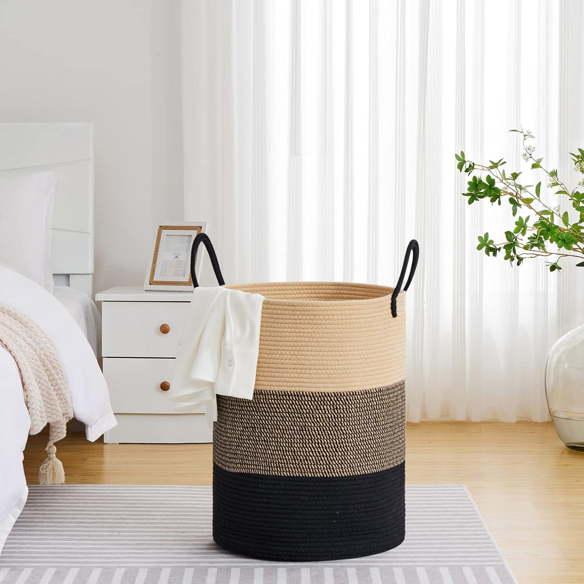 VIPOSCO Large Laundry Hamper, Tall Woven Rope Storage Basket for Blanket, Toys, Dirty Clothes in Living Room, Bathroom, Bedroom - 100L Brown & Black