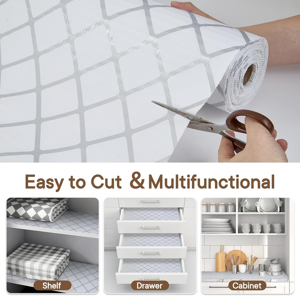Shelf and Drawer Liner for Kitchen Cabinets Non-Adhesive, Strong Grip Non-Slip Thickened Cabinet Liners for Shelves, Waterproof Mats for Dresser Cupboard, Silver Stripe, 24 in x 20 Feet