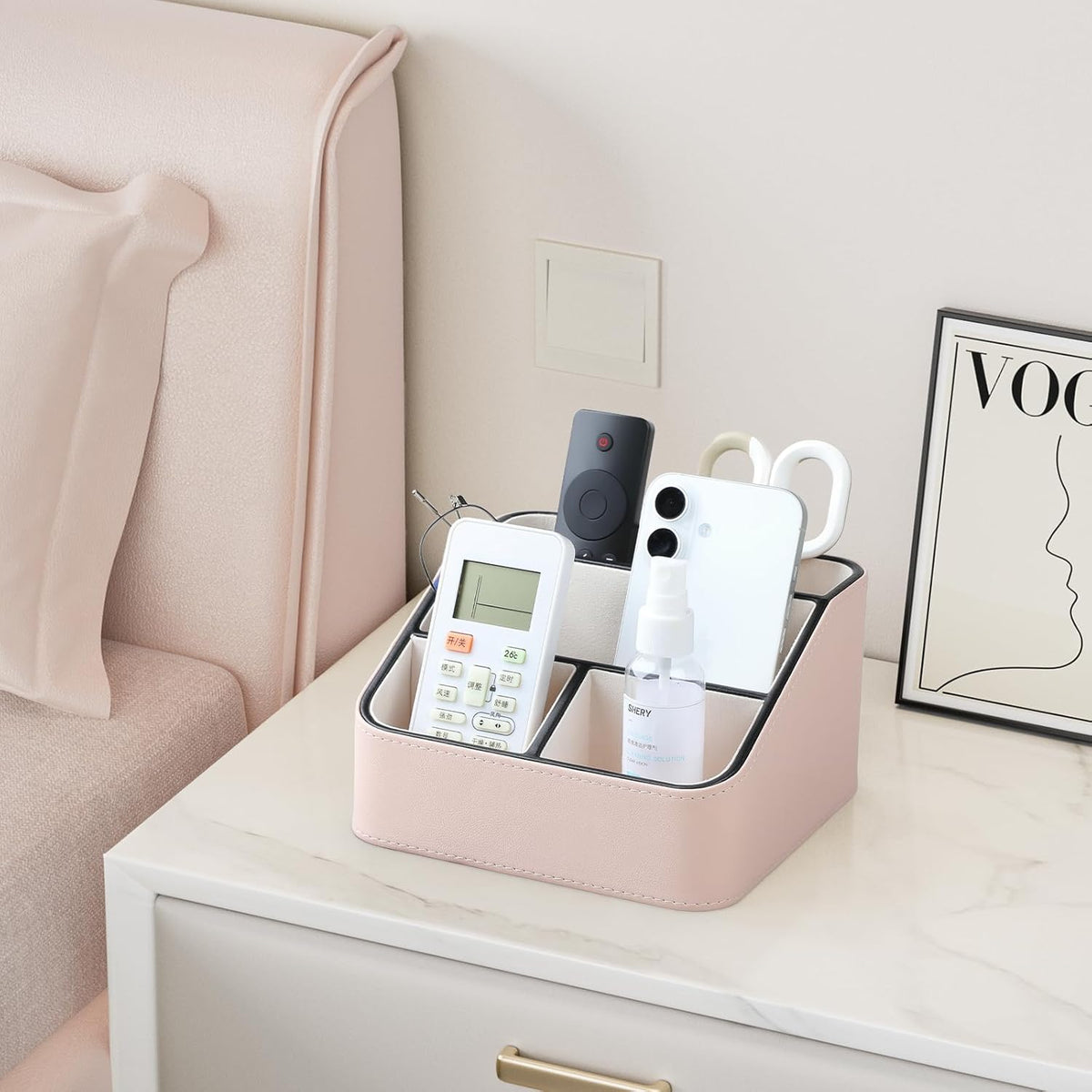 Remote Control Holder, PU Leather Small Desk Organizer with 4 Compartments, Nightstand Organizer Desk Caddy for Remote, Notepad, Phone, Glasses, and Accessories (Pink)