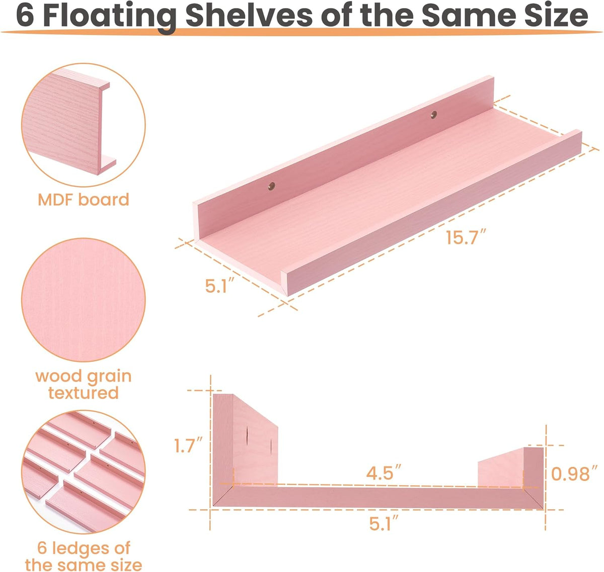 upsimples Pink Shelves for Wall, Pink Room Decor for Teen Girls, Bedroom, Living Room, Game Room, 6 Pack Wall Mounted Wood Shelves for Picture, Plants