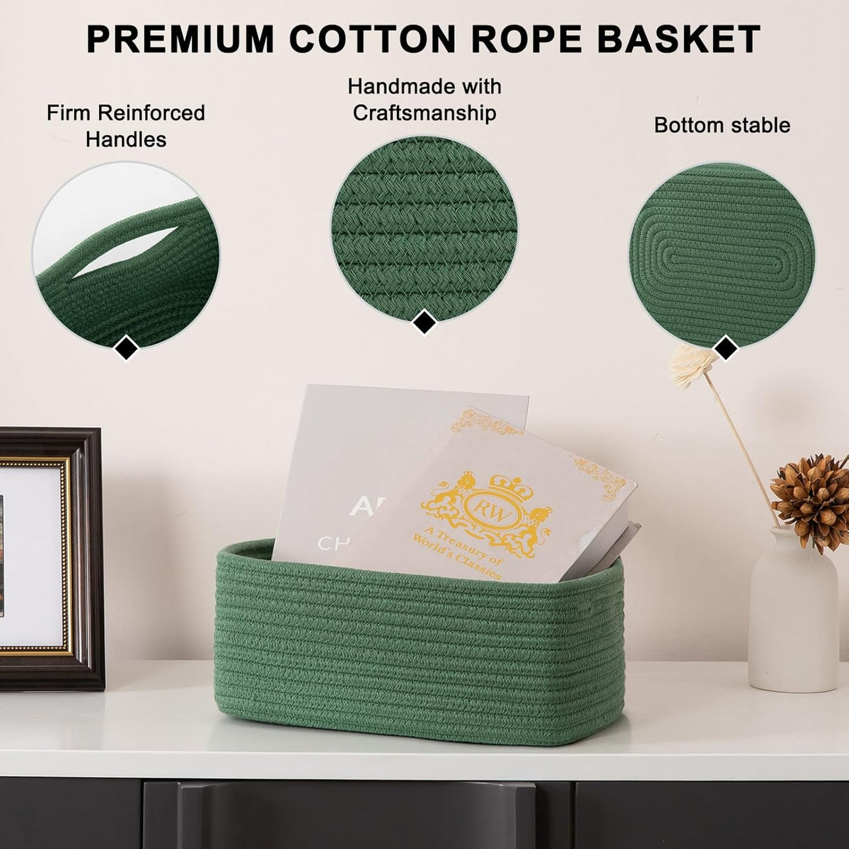 4 Pack Small Storage Shelf Baskets for Organizing, Mini Woven Rope Storage Bins for Towels, Cute Decorative Closet Organizer，Baby Nursery, Gift Empty Baskets -11.81''Lx7.87''Wx4.72''H-Green