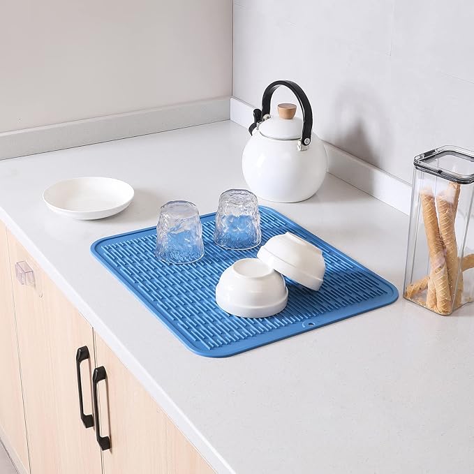 Silicone Dish Drying Mat for Multiple Usage,Easy clean,Eco-friendly,Heat-resistant Silicone Mat for Kitchen Counter or Sink,Refrigerator or Drawer Liner Lichen BlueL XL 18 inches x 16 inches