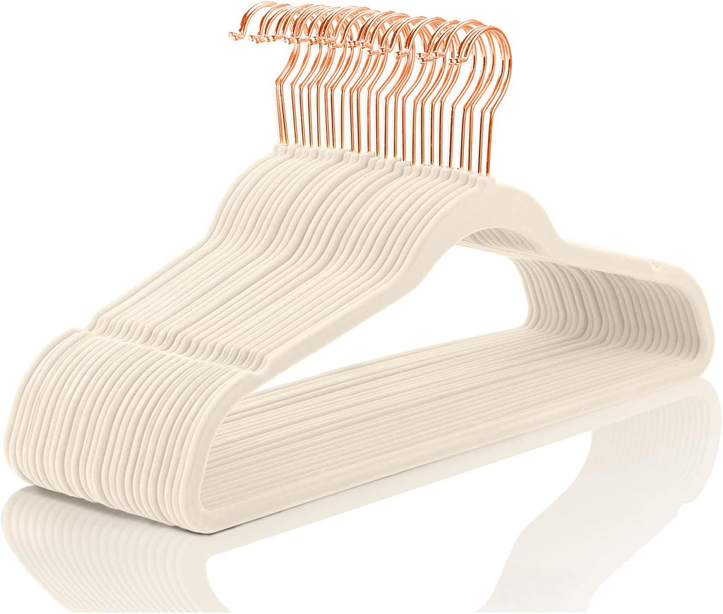 MIZGI Premium Velvet Hangers (50 Pack) Heavy Duty - Non Slip Felt Hangers - Velvet Suit Hanger Ivory - Rose Gold Hooks,Space Saving Clothes Hanger