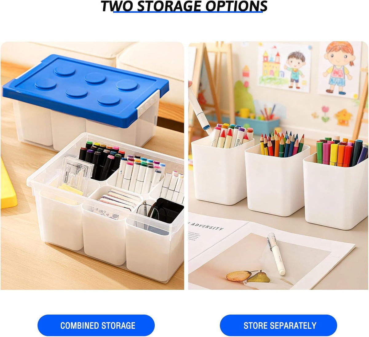 loobuu Plastic Storage Bins with Lids, Art Craft Supply Organizer Box with Brush Pot, Multipurpose Stackable Storage Containers for Organizing Tool, Craft, Crayon,Sewing (Blue)