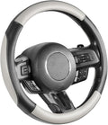 SEG Direct Car Steering Wheel Cover for Medium Standard Size Steering Wheels with 14 1/2-15 inches Outer Diameter, Black and Gray Microfiber Leather