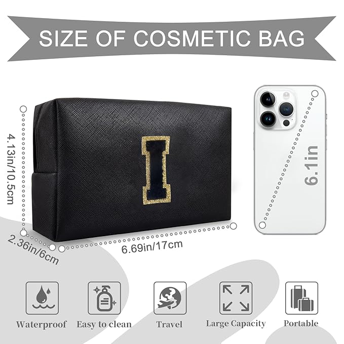 Personalized Initial A-Z Preppy Patch Makeup Bag,Small PU Chenille Letter Cosmetic Bag with Zipper for Teen Girls,Black Cute Toiletry Organizer Bag,Monogram Makeup Case Gift for Women Girls,Letter I