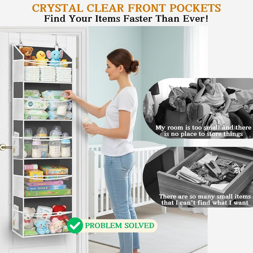 Ofiray-home Over Door Organizer with 5 Large Pockets, 5 Transparent Front Pockets & 10 Mesh Side Pockets, 50 lbs Weight Capacity Hanging Storage for Toys, Shoes, Diapers, Pantry – Grey