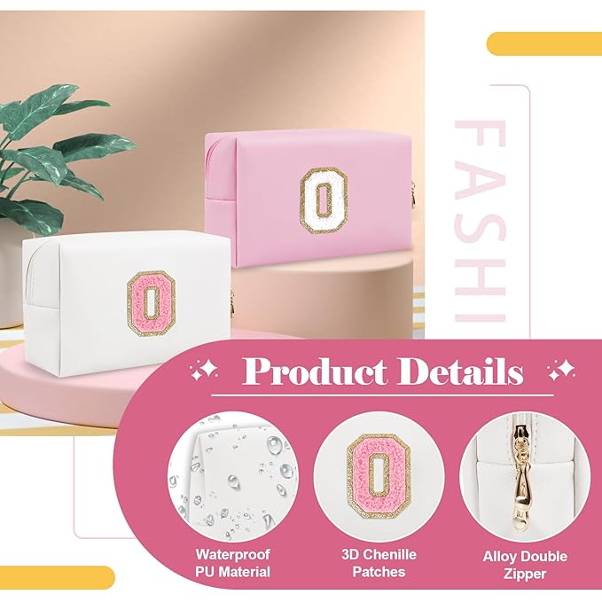 Personalized Makeup Bag Initial A-Z Preppy Patch Bag,Small PU Leather Travel Cosmetic Bag Pouch with Zipper,White Cute Toiletry Bag,Gift Ideal for Teen Girls Women Birthday Friend Mom,Letter O