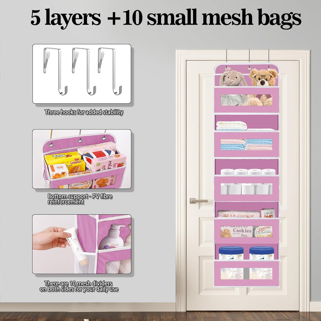 Over The Door Organizer, 5 Shelves Closet Door Hanging Organizer with 10 Mesh Pockets, Nursery Closet Organizer, Baby Essentials, Dorm Room Essentials for Girls