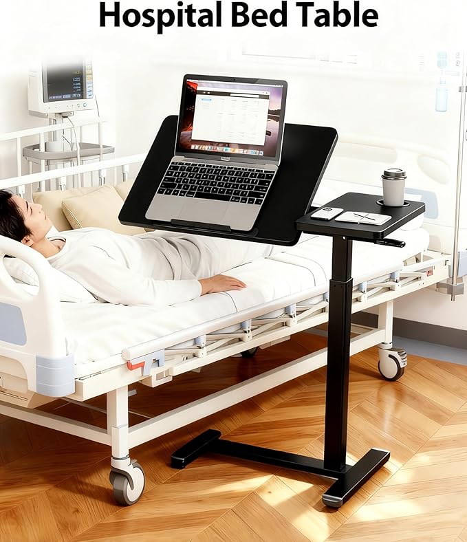Overbed Table with Wheels, Pneumatic Height Adjustable Overbed Bedside Table