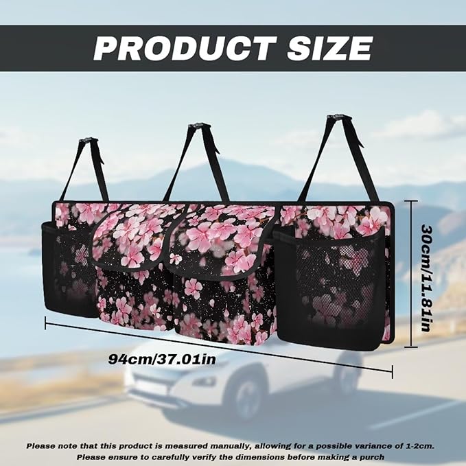Car Trunk Organizer with 4 Pockets, Cherry Blossom Car Storage Organizer Oxford Cloth (37.01"*11.8") Portable Car Storage Bag with 4 Pocekt, Hanging Car Organizer for SUV/MPV/Truck/Van/Sedan