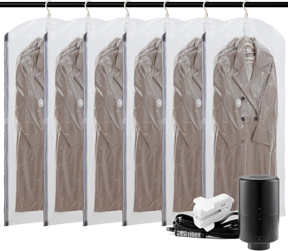 TAILI Hanging Vacuum Sealer Suction Space Saver Storage Bags for Clothes with Electric Air Pump And Rolling Slide Clip for Coats, Closet Organizers, 6 Long