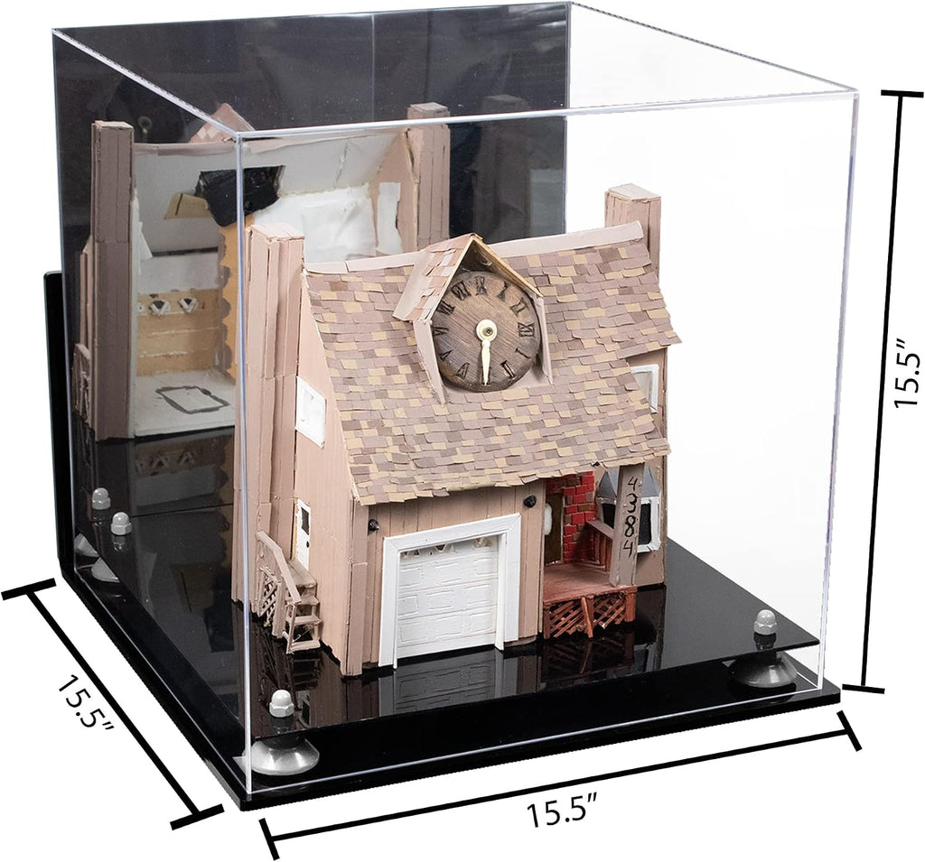 Acrylic Versatile Display Case - Large Square Box with Mirror Case, White Risers, Black Base and Wallmount 15.5" x 15.5" x 15.5" (A118)