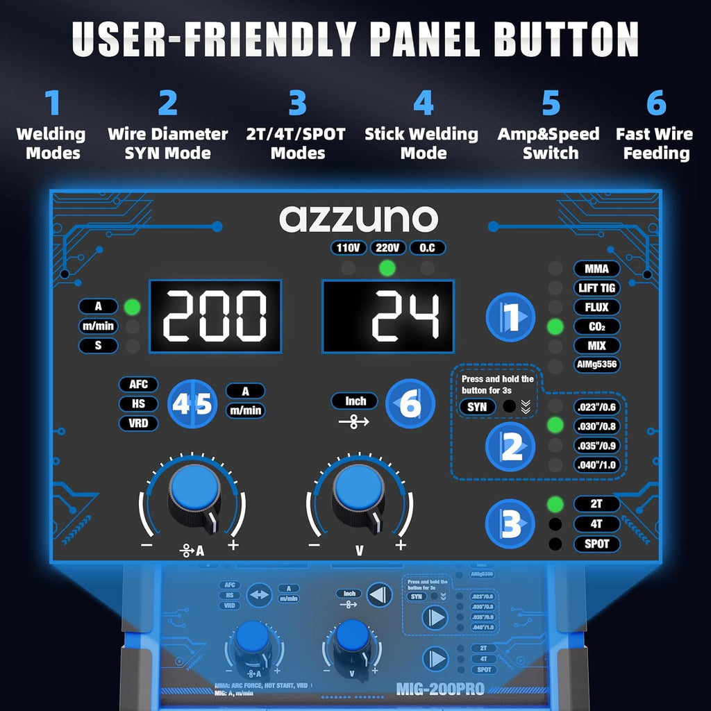 AZZUNO MIG Welder 110V/220V, 200A 8 in 1 Welder Machine Flux Core MIG/Gas MIG/MAG/Aluminum MIG/Spot MIG/Lift TIG/Stick Welding/Spool Gun Compatible, Multiprocess Welding Machine