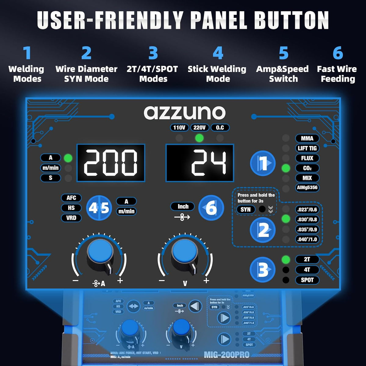 AZZUNO MIG Welder 110V/220V, 200A 8 in 1 Welder Machine Flux Core MIG/Gas MIG/MAG/Aluminum MIG/Spot MIG/Lift TIG/Stick Welding/Spool Gun Compatible, Multiprocess Welding Machine