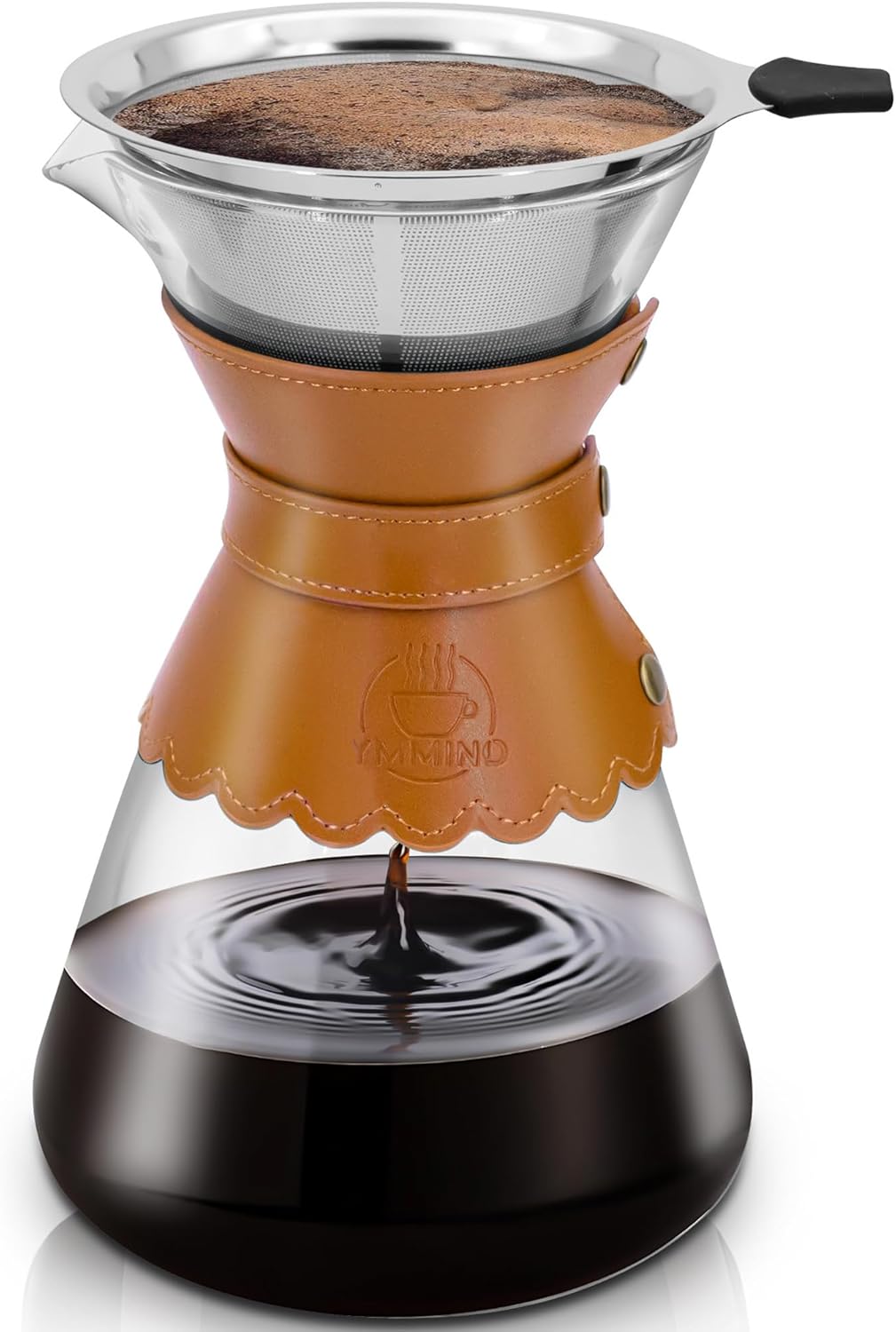 34oz Pour Over Coffee Maker with Double Layer Stainless Steel Filter, Borosilicate Glass Dripper, Detachable Heat-Resistant Leather Pad 7-8 Cups Coffee Maker Carafe（Light brown）