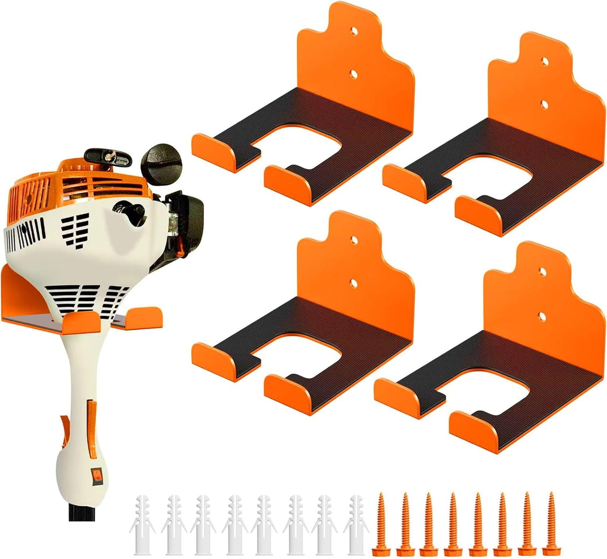 Garage Organizer Trimmer Rack, Garden Power Tool Hanger Weed Whackers Holder Wall Mounted for Grass Trimmer, Hedge Trimmer, Garage Trimmer, Garden Tools,4 Pack(Orange)