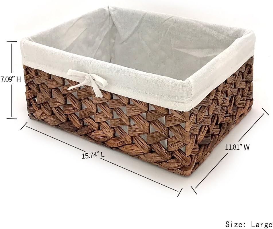 Rectangular Woven Seagrass Storage Bin with Handle,Kingwillow. (water hyacinth, Large)