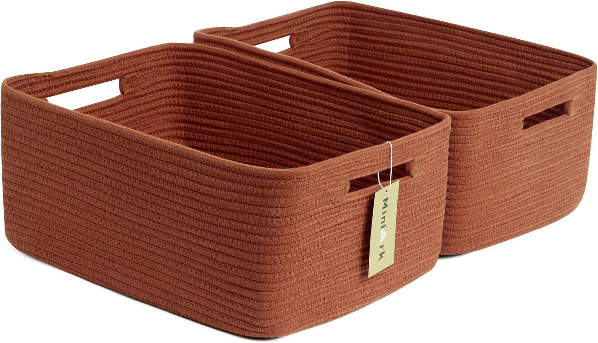 Large Storage Baskets for Shelves, Closet Organizers Bins for Clothes Blanket Towels, Baby Nursery, Toy Baskets Box, Woven Rope Baskets, 17 x 13 x 7.5”, 2 Packs Oxide Red