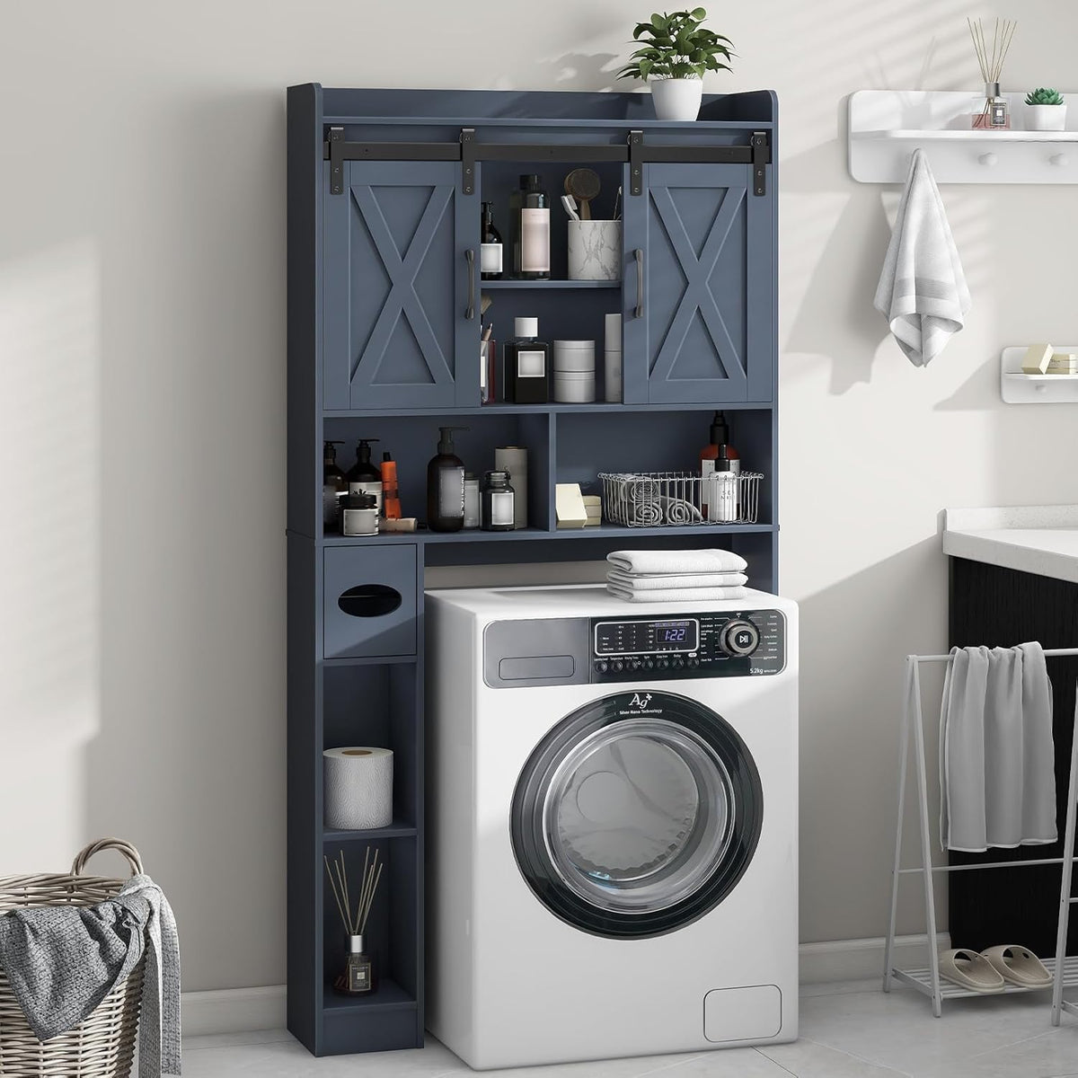 Vabches Over The Toilet Storage Cabinet, Farmhouse Storage Cabinet Over Toilet with Sliding Doors，Home Space-Saving Toilet Rack, for Bathroom, Restroom, Laundry