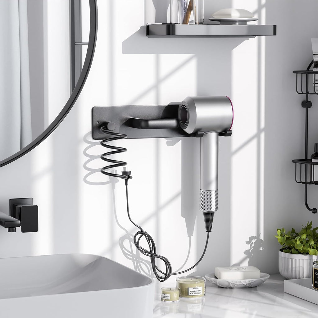 Tindbea Hair Dryer Holder Curling Iron Holder Flat Iron, Blow Dryer Holder Wall Mount, 3 in 1 Bathroom Hair Tool Organizer Rack for Universal Dryer, Matte Black