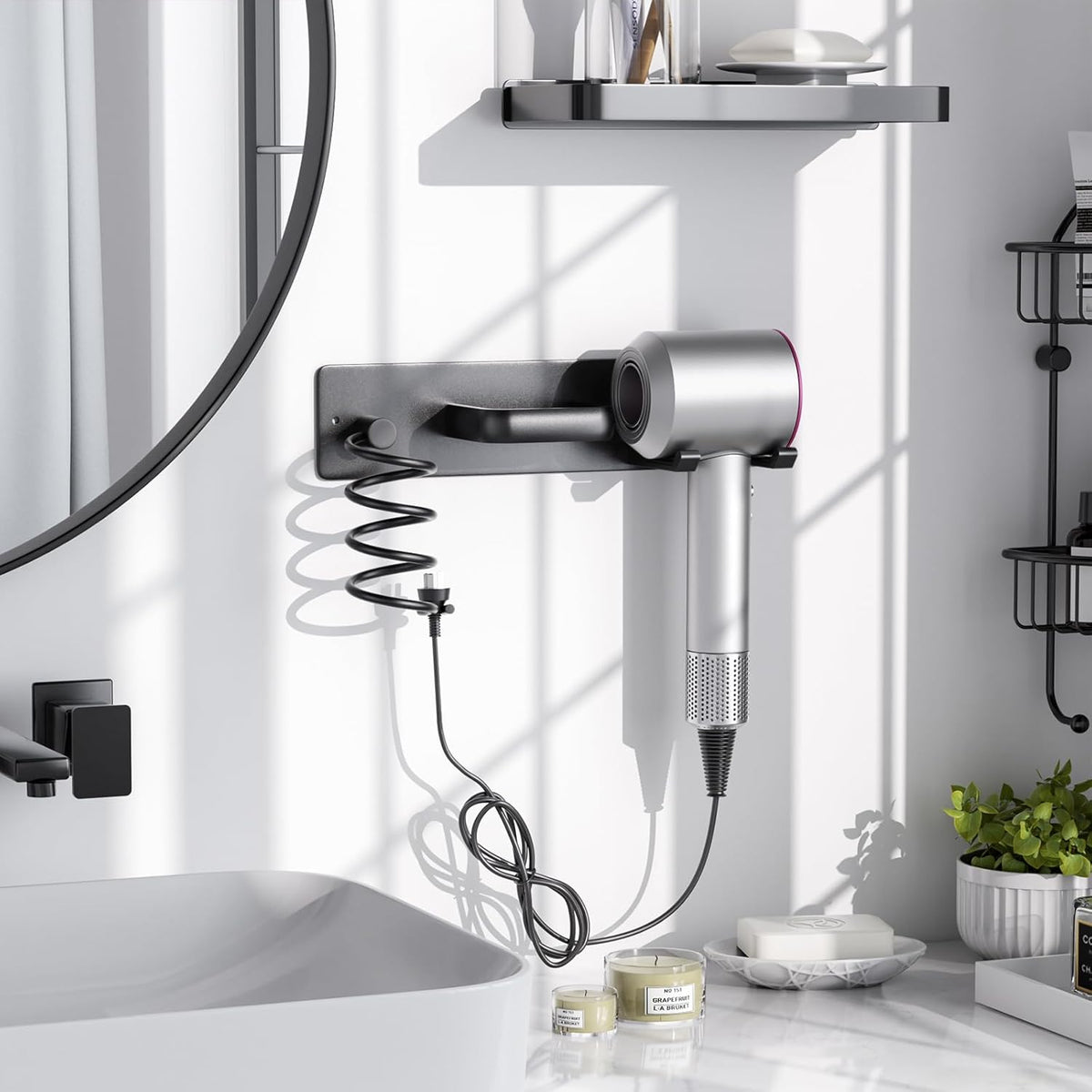 Tindbea Hair Dryer Holder Curling Iron Holder Flat Iron, Blow Dryer Holder Wall Mount, 3 in 1 Bathroom Hair Tool Organizer Rack for Universal Dryer, Matte Black