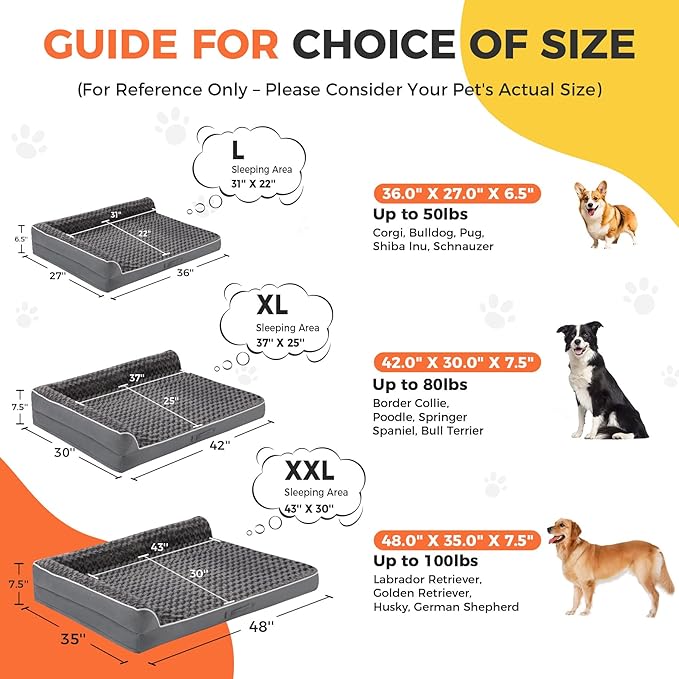 Aeroluxe Dog Bed Large Sized Dogs, XL Orthopedic Dog Bed for Large Dogs, Waterproof Pet Bed with Washable Removable Cover, L-Shaped Pet Couch with Portable Handle 42"x30"x7.5", Dark Grey
