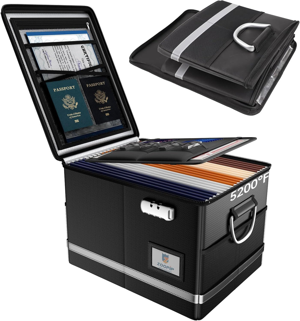 Fireproof Document Box,5200°F File Organizer Box with Lock,Foldable Filing Organizer Cabinet, Portable Safe Storage for Hanging Letter/Legal Folder,Black