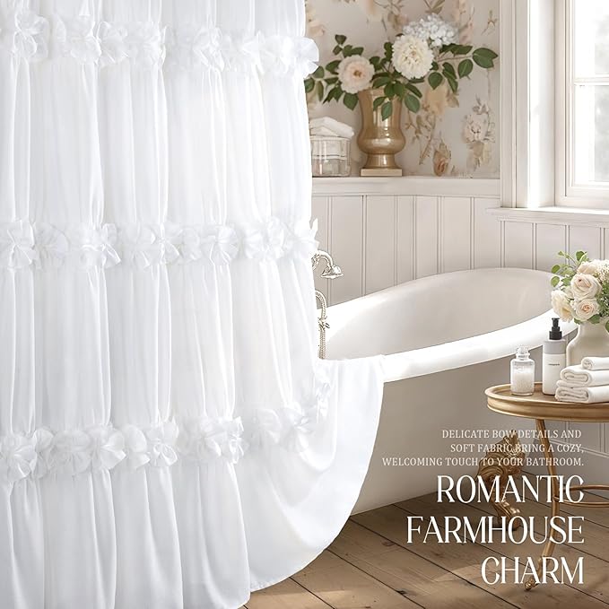 XOGUIBO Ruffle Shower Curtain with Handmade Bow Tie, White Linen Vintage Farmhouse Shower Curtain for Bathroom, 72" W x 84" H