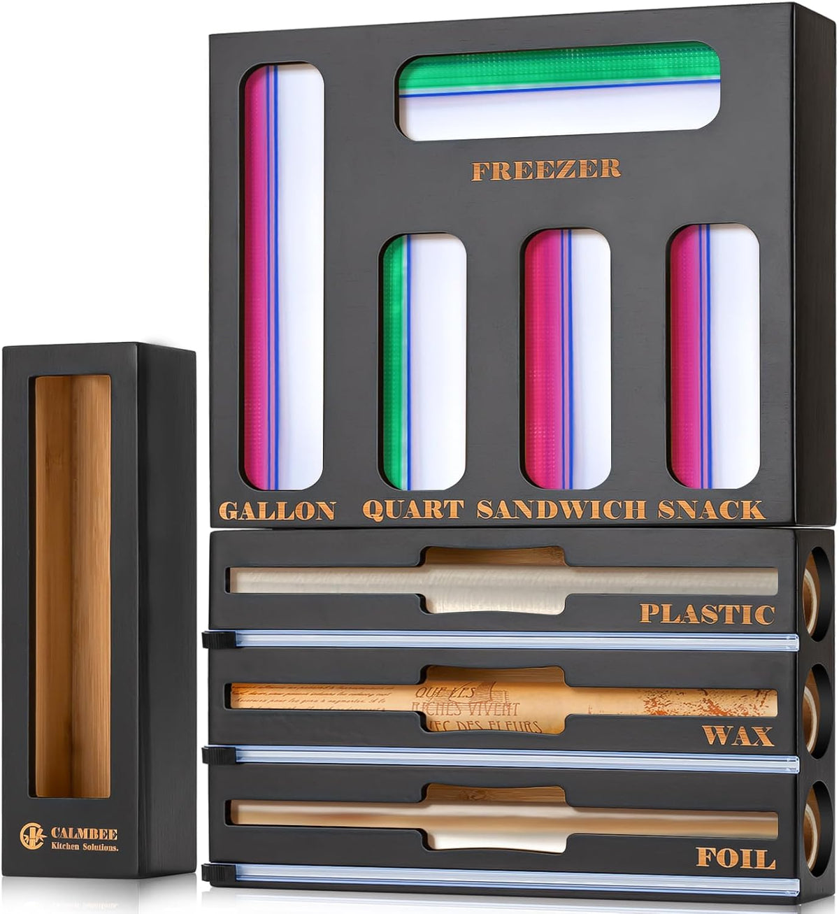Calmbee 9-in-1 Bamboo Kitchen Organizer - Black & Multicolor Modern Minimalist Caddy with 3-in-1 Wrap Dispenser, Cutter & Bag Organizer
