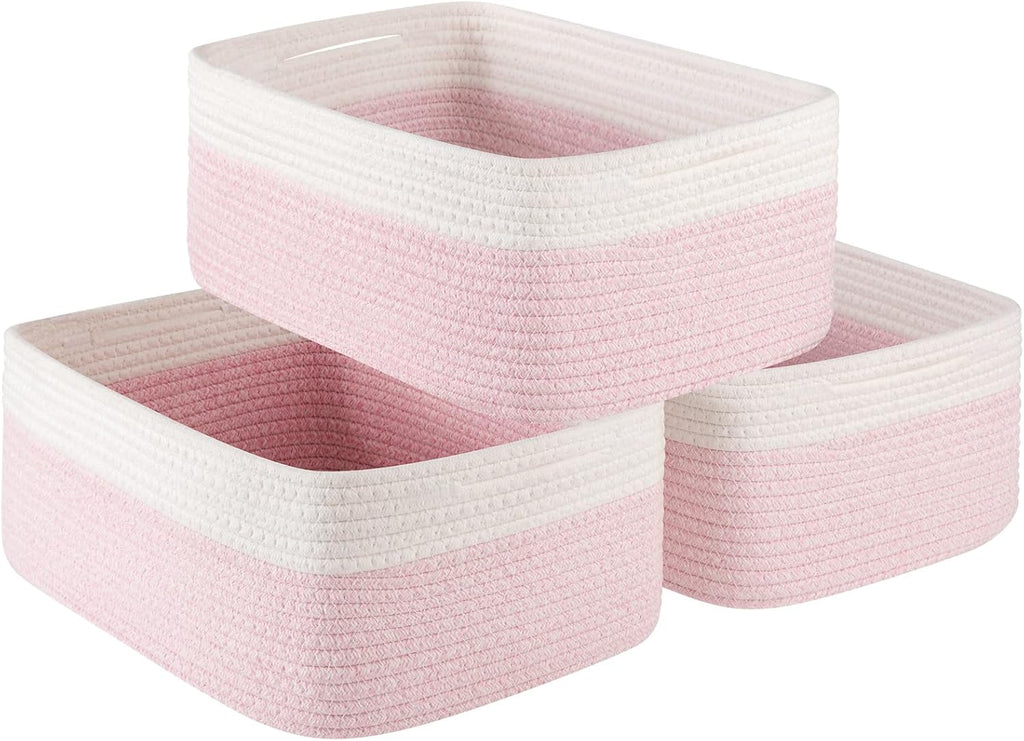 Storage Baskets for Organizing 3 Pack, Woven Baskets for Shelves, Closet Organizer Bins Empty Gift Basket Toy Storage for Toys, Books, Towels, Clothes, 15"x11.42"x6.7", Pink