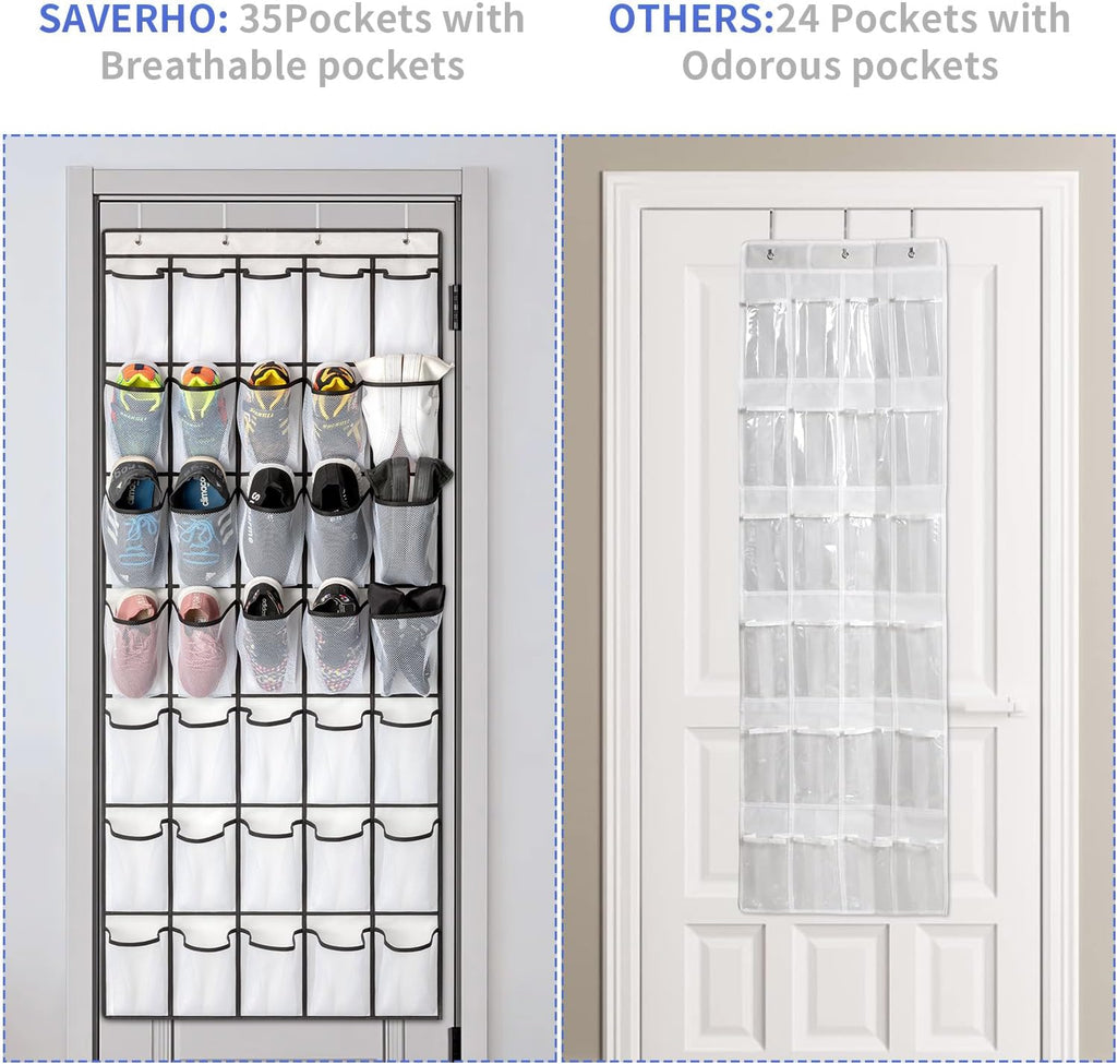 35 Pockets Over the Door Shoe Organizer, Hanging Shoe Organizer for Door with 35 Mesh Pockets Large Capacity Shoe Hanging Storage Bag with 4 Metal Hooks (White-1Pack)