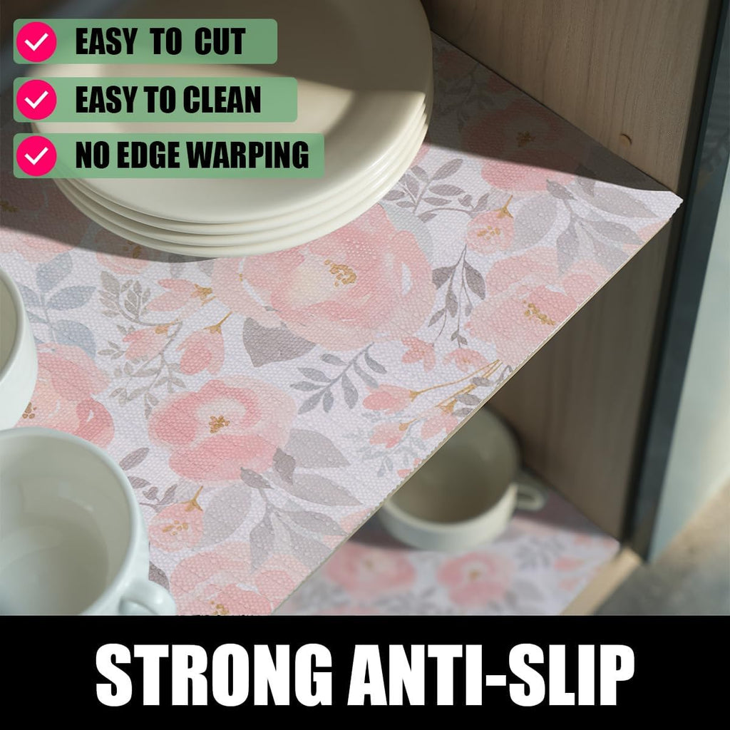 Floral Shelf and Drawer Liner for Kitchen,12IN x 20FT Non-Adhesive and Strong Non-Slip Peony Cabinet Drawer Liners for Kitchen Shelf, Waterproof Cupboard Liners,Easy to Clean