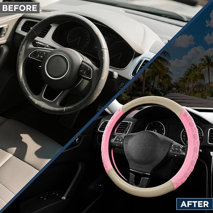 PIC AUTO Massage Steering Wheel Cover, Pink Football Pattern Material Spliced & Beige Leather Car Steering Wheel Cover, Car Steering Cover, Universal Fit 14.5"-15.5" for Cars, Trucks, Van, SUVs