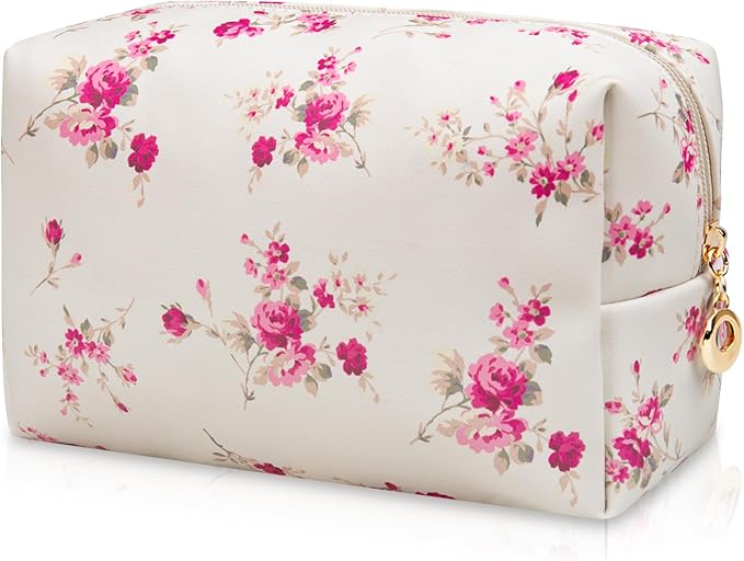 Floral Waterproof Makeup Bag, Leather Cosmetic Bag with Compartments, Zipper Make up Pouch Organizer, Portable Storage Travel Toiletry Bag Gifts for Women Girls(Rose Red Flower)