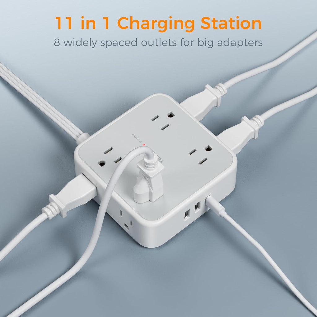 Flat Plug Long Extension Cord 25 Ft, TESSAN Power Strip Surge Protector with 8 Outlets 3 USB Ports (1 USB C), 900J Protection Desktop Charging Station for Home, Office, Dorm Room Essentials