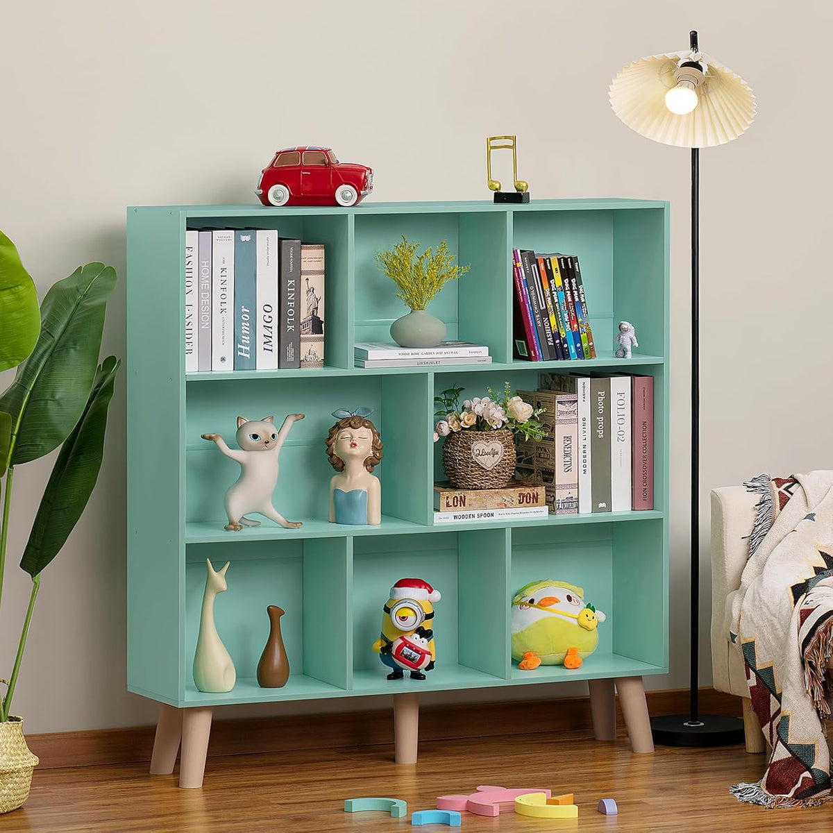 LEYAOYAO 8 Cube Bookshelf 3-Tier Bookcase with Legs, Mint-Green Kids Book Shelf Cute Storage Organizer, Large Open Toy Shelves Modern Bookshelves,Display Bookcases for Bedroom,Living Room,Nursery
