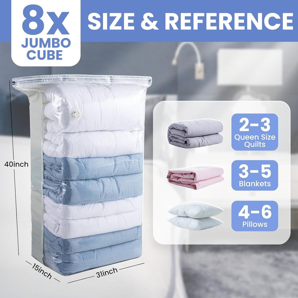 8 Pack Vacuum Storage Bags, Jumbo Cube 31x40x15 Inch, Extra Large Vacuum Seal Bgas for Comforters, Blankets, Pillow, Quilts, Space Saver Clost Oragnization, Clear