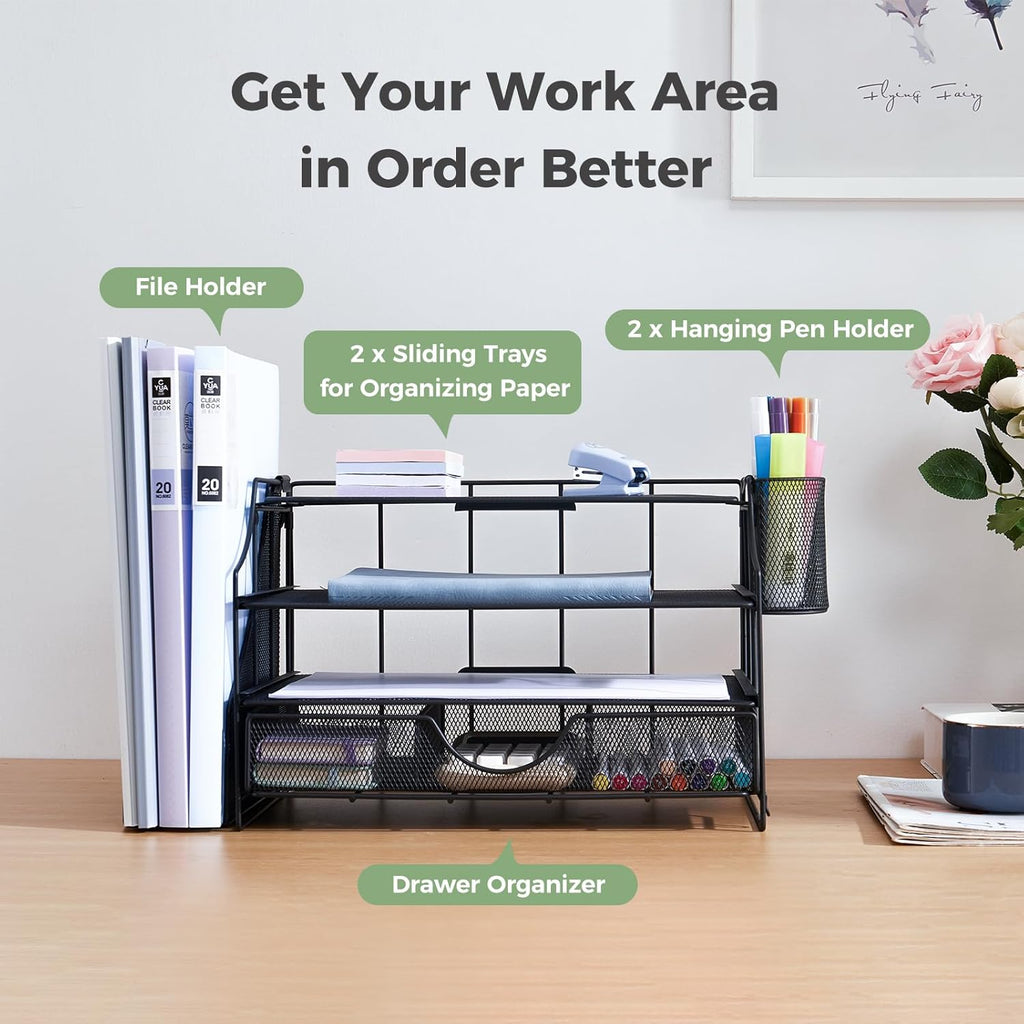 Desk Organizers and Accessories, 4 Tier Paper Letter Tray Organizer Holder Desk Organization with Drawer, Mesh Desktop Organizer with Vertical File Holder Workspace Accessories for Office Supplies