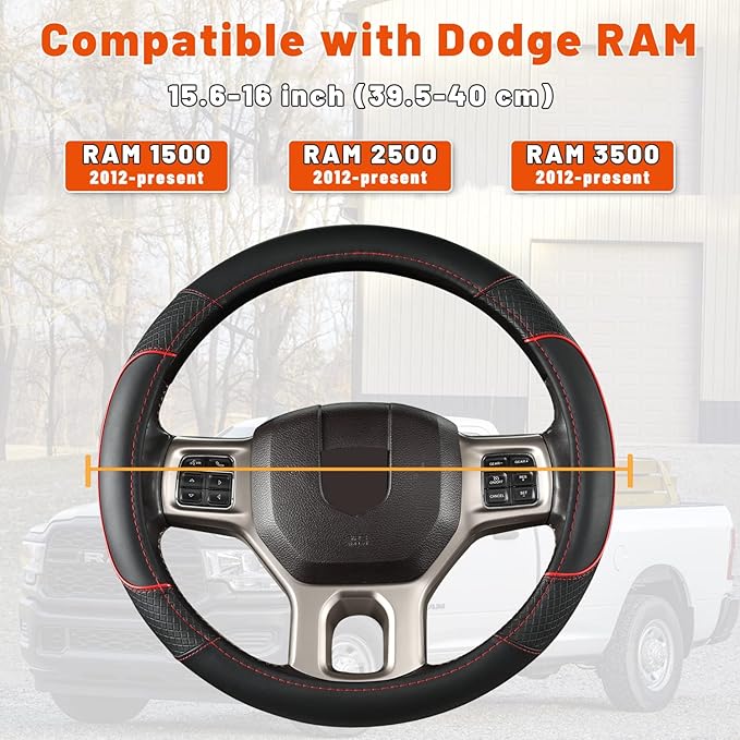 GIANT PANDA Car Steering Wheel Cover for Dodge Ram 1500 2500 3500 15.5-16 inches- Black+Red Trim