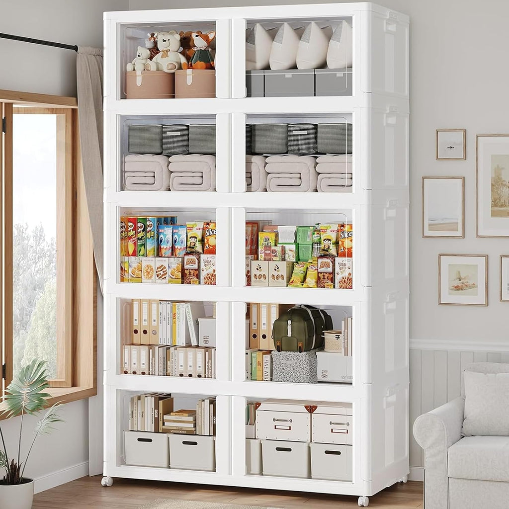 1000Qt Stackable Storage Bins with Lid and Wheel, 250Gal Plastic Closet Organizer and Storage Drawer, Large Collapsible Storage Box Cabinet with Clear Door for Home Kitchen Office, 5Pack White