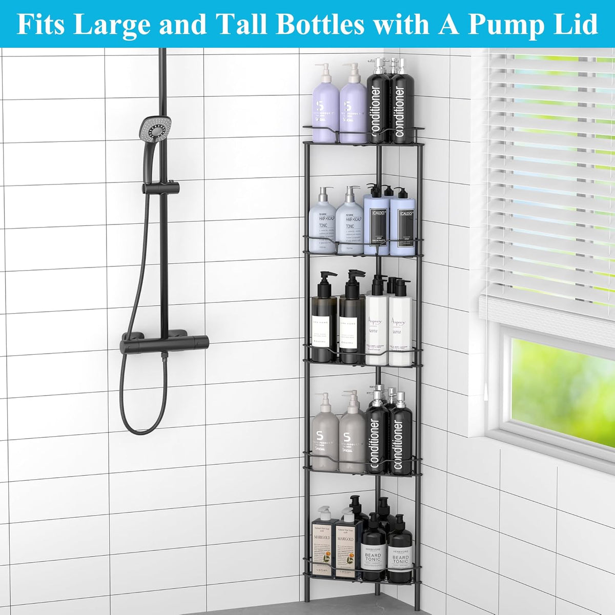 5 Tier Floor Standing Corner Shower Caddy Organizer Shelf with Hooks, Bathroom Shelves Stand Rack, Black