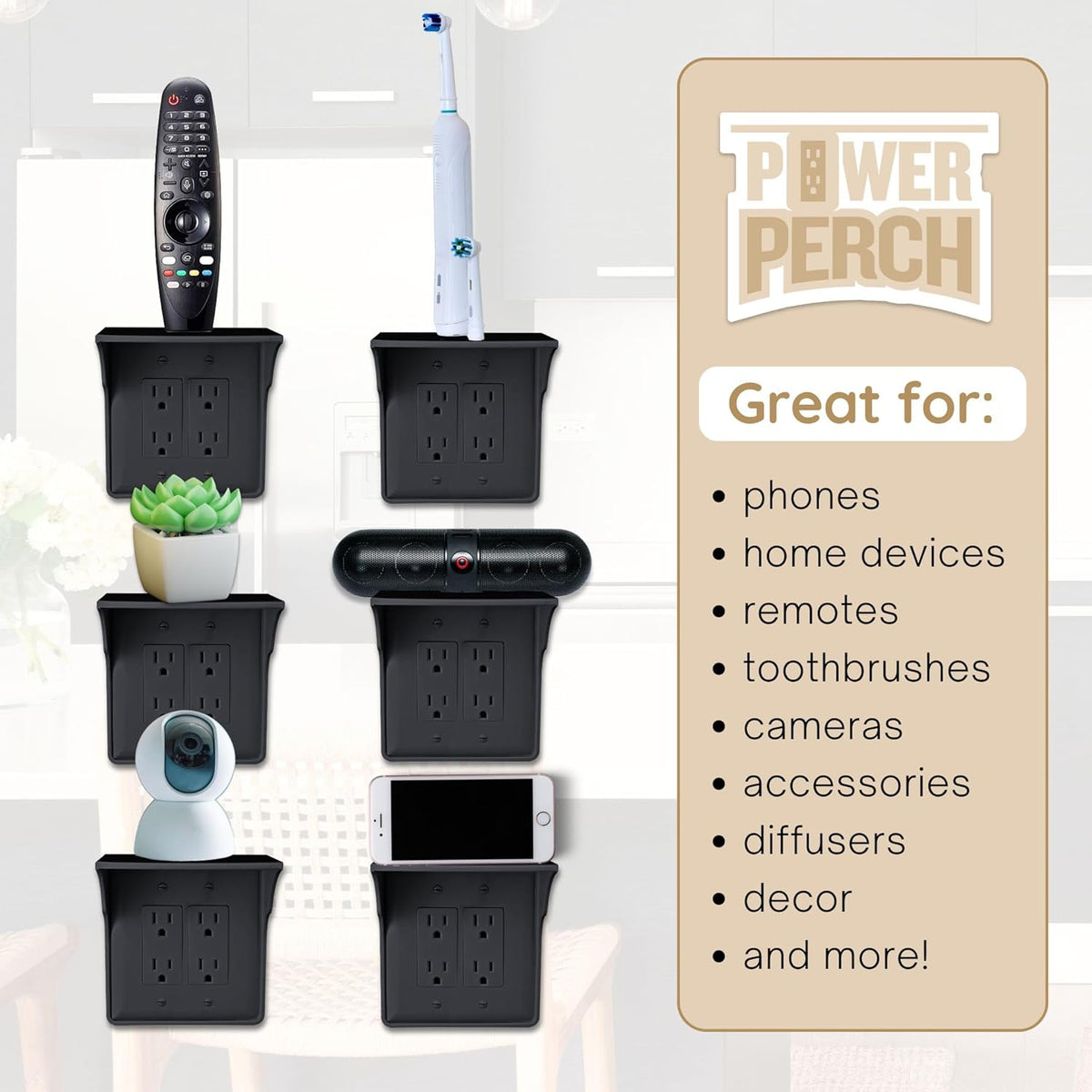 Storage Theory Power Perch Double Wall Outlet Shelf - Declutter & Reclaim Bathroom Counter Space - Alexa Stand, Apple Homepod Shelf, Toothbrush Holders Wall Mounted - Black, 1-Pack