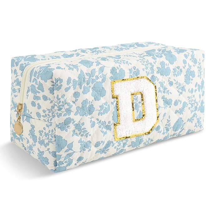 Personalized Quilted Cosmetic Bag, Puffy Monogrammed Christmas Birthday Gifts for Women & Girls, Cute initial Floral Makeup Bag Puffer Coquette Bag, Aesthetic Travel Toiletry Zipper Pouch(Blue,D)