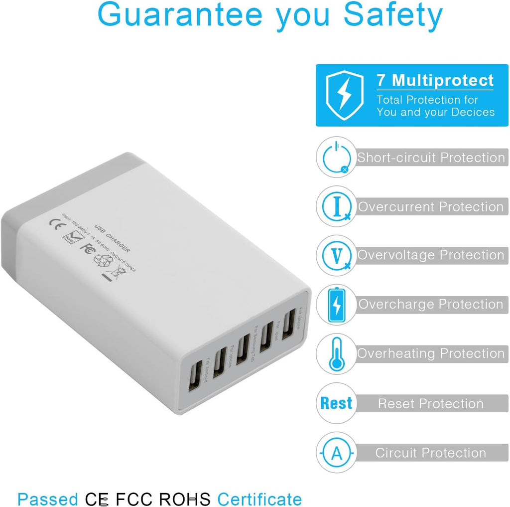 Desktop 5 Port USB Wall Charger 40W 8A, USB Hub Charging Station for Multiple Devices, Protable Multi Port USB Charger for Cell Phone, Tablet, Android Smart Phone and More