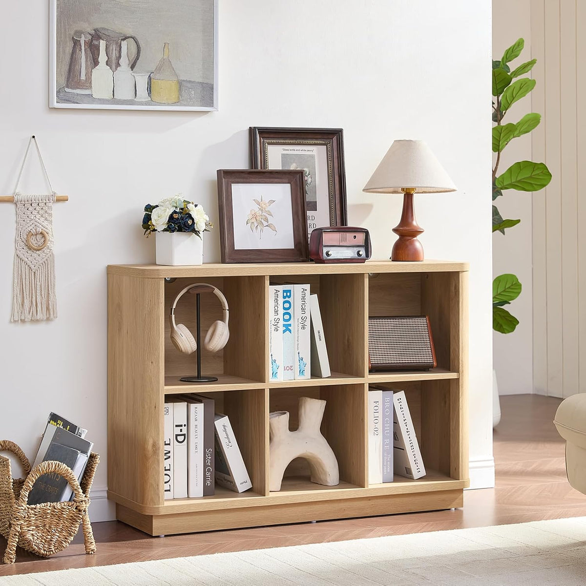 6 Cube Storage Book Shelf, 40" Wide Low Horizontal Bookcase with Curved Edge, Floor Standing 2-Tier Wooden Bookshelf with Base, Modern Short Book Case for Bedroom, Study, Entryway, Natural Oak