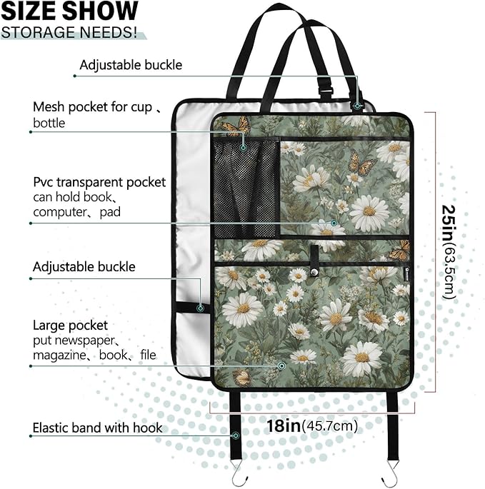 1 Pack Back Seat Car Organizer with Storage Pockets Kick Mats Back Seat Protector Hanging Car Organizer Automotive Seat Back Cover Organizers Summer Daisy Butterfly Green