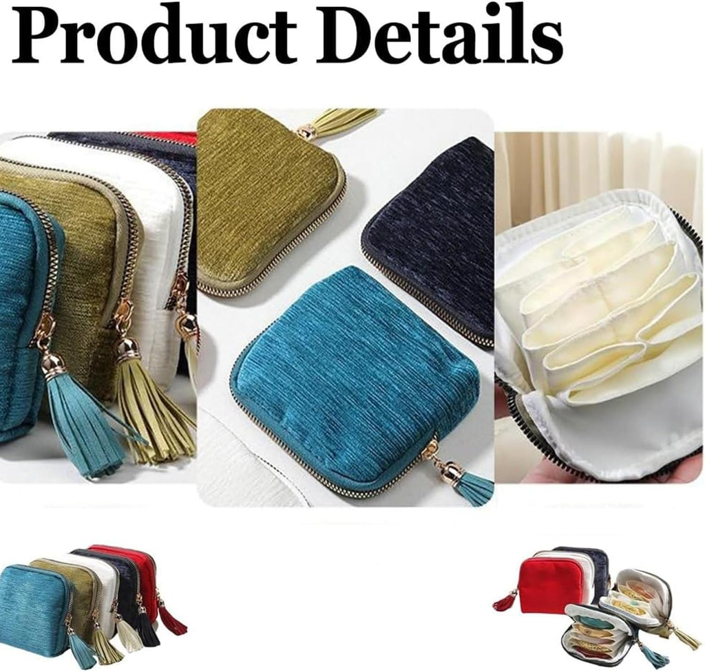 Travel Jewelry Case, Portable Jewelry Storage Bag, Compact Foldable Five Compartments Organizer Pouch with Zipper & Tassel for Earring Necklace Ring Bracelet (Dark red)