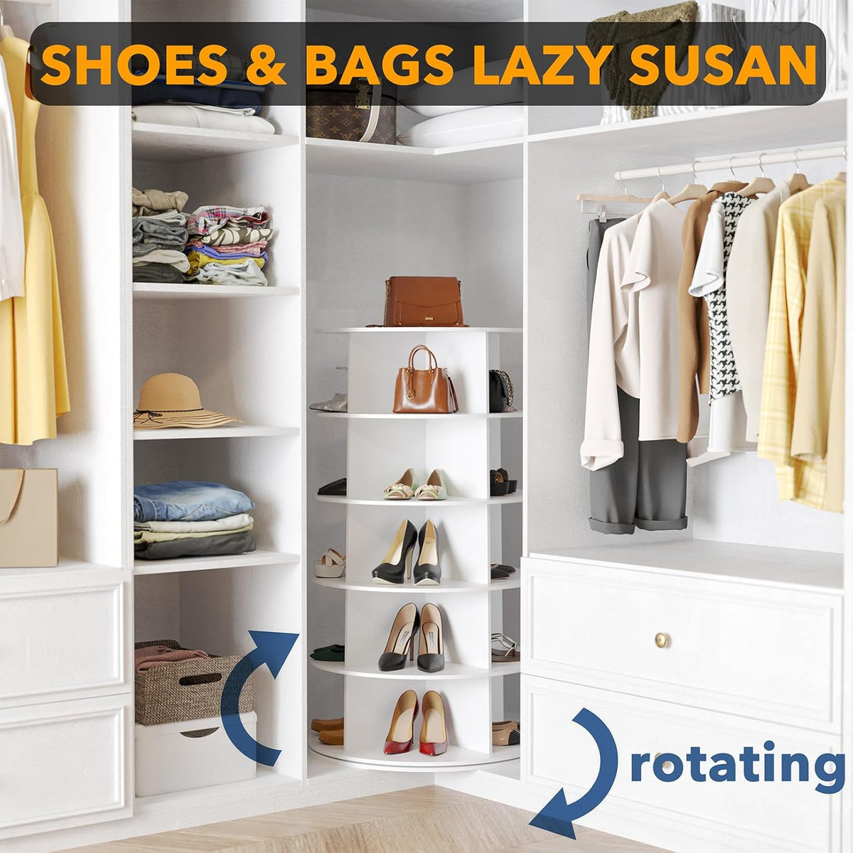 SpaceAid 5 Tier Rotating Shoe Rack Tower, Spinning Shoe Display Lazy Susan, Revolving 360 Shoe Rack Storage Round Carousel, Vertical Handbag Rotate Shoes Closet Organization (5-Tier White)