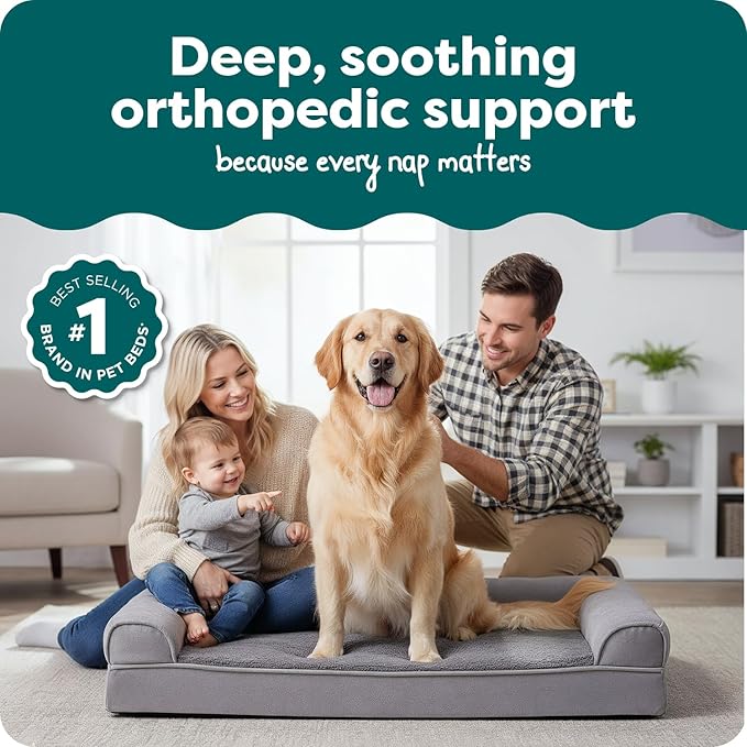 Furhaven Orthopedic Dog Bed for Large Dogs w/ Removable Bolsters & Washable Cover, For Dogs Up to 95 lbs - Plush & Suede Sofa - Gray, Jumbo/XL